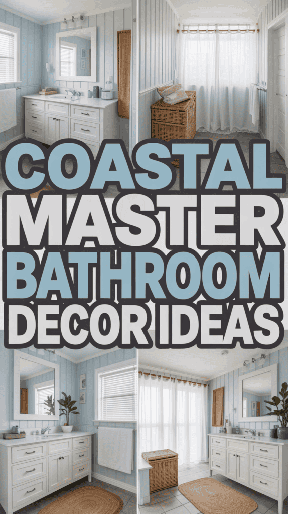 Collage of a coastal-themed bathroom with light blue walls, white cabinetry, wicker basket, and large windows.