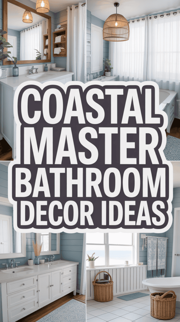 Collage of a coastal-themed bathroom with wood accents, a double sink, a freestanding tub, and soft blue walls.