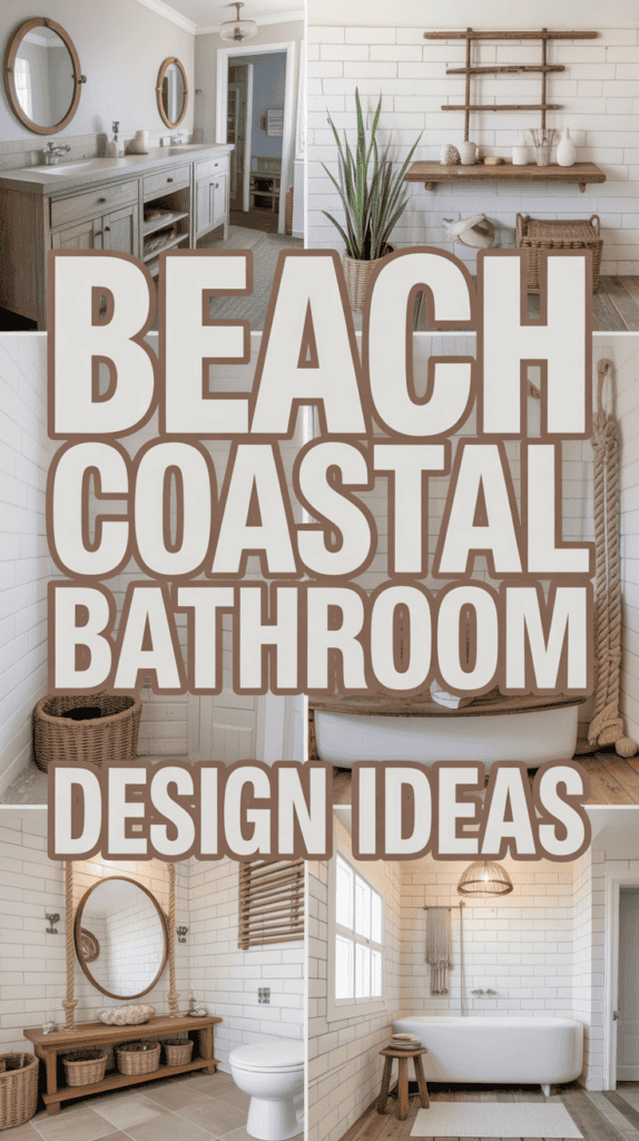 Collage of beach coastal bathroom design ideas with wood accents, plants, and woven details against white brick walls.