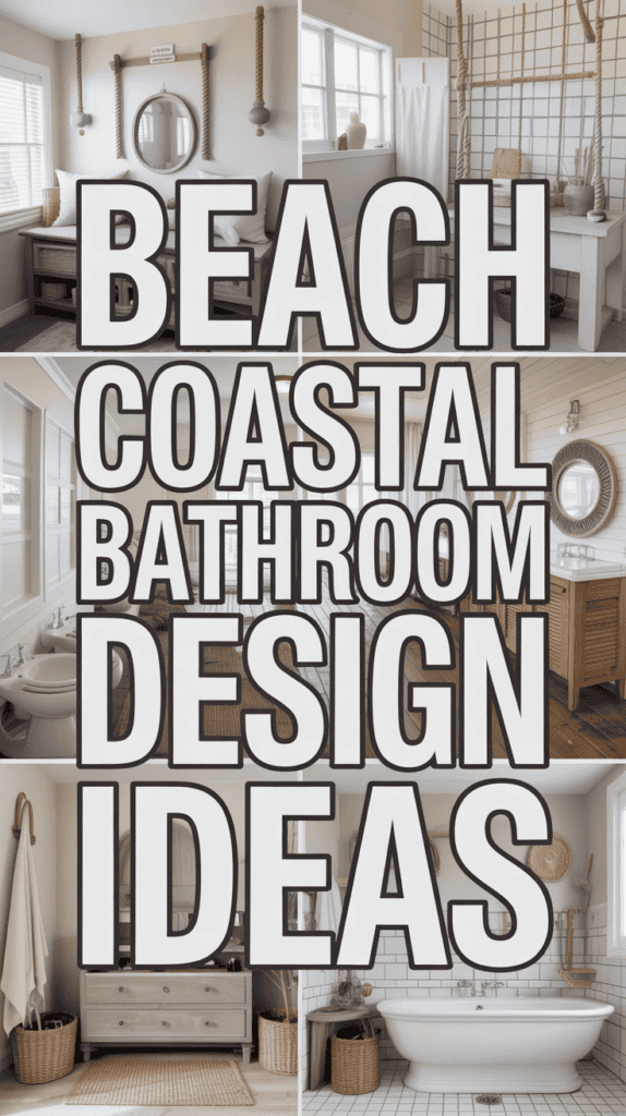 Collage of beach-themed coastal bathroom designs with nautical decor and white accents.