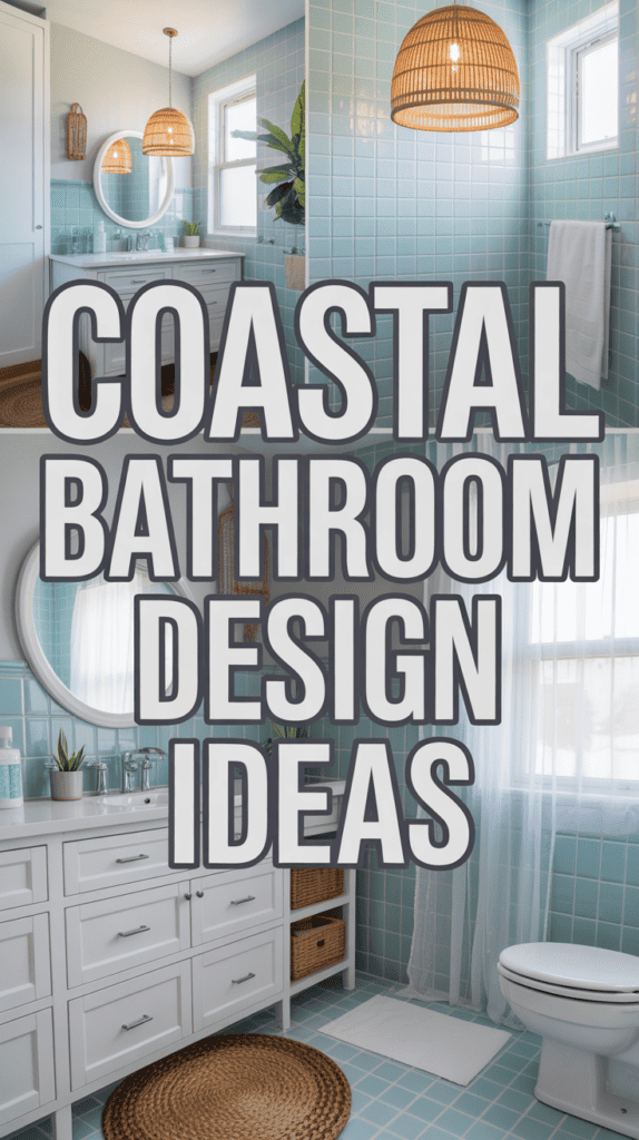 Bathroom with light blue tiles, a round mirror, wicker accents, and large plants, showcasing a coastal design theme.