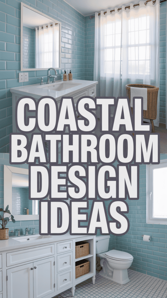 Split image of two bathrooms with blue tile walls and white fixtures, featuring the text "Coastal Bathroom Design Ideas."