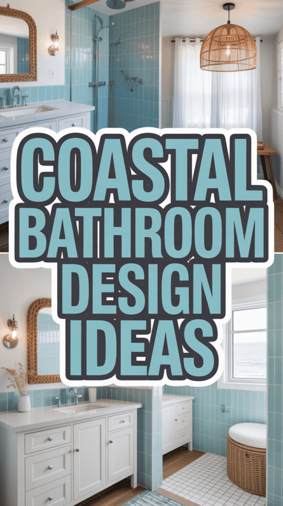 Collage of coastal bathroom designs featuring turquoise tiles, white vanities, and ocean views with large text overlay reading "Coastal Bathroom Design Ideas."