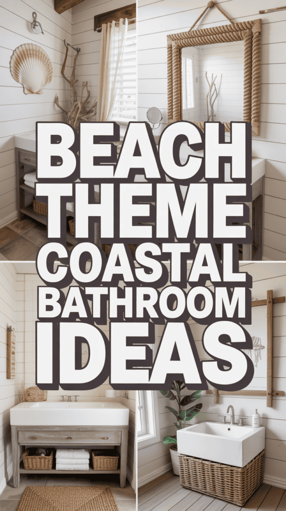 Collage of beach-themed bathrooms with shell decor, wicker baskets, and nautical elements.
