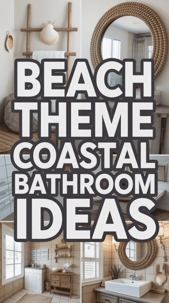 Collage of coastal-themed bathrooms with wood accents, round mirrors, and seashell decor. Text reads "Beach Theme Coastal Bathroom Ideas."