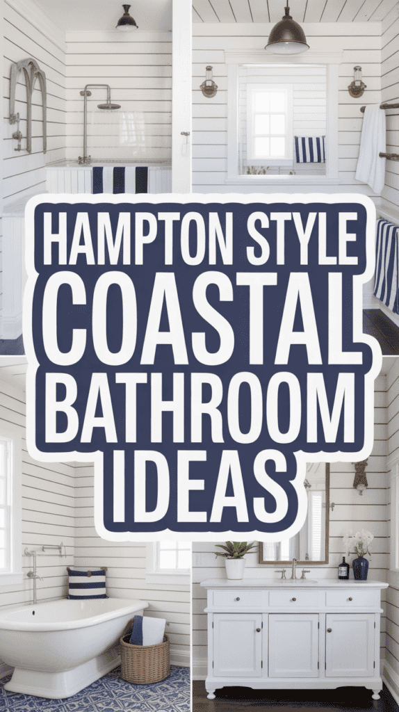 Collage of coastal-themed bathroom ideas featuring white shiplap walls and nautical decor elements.