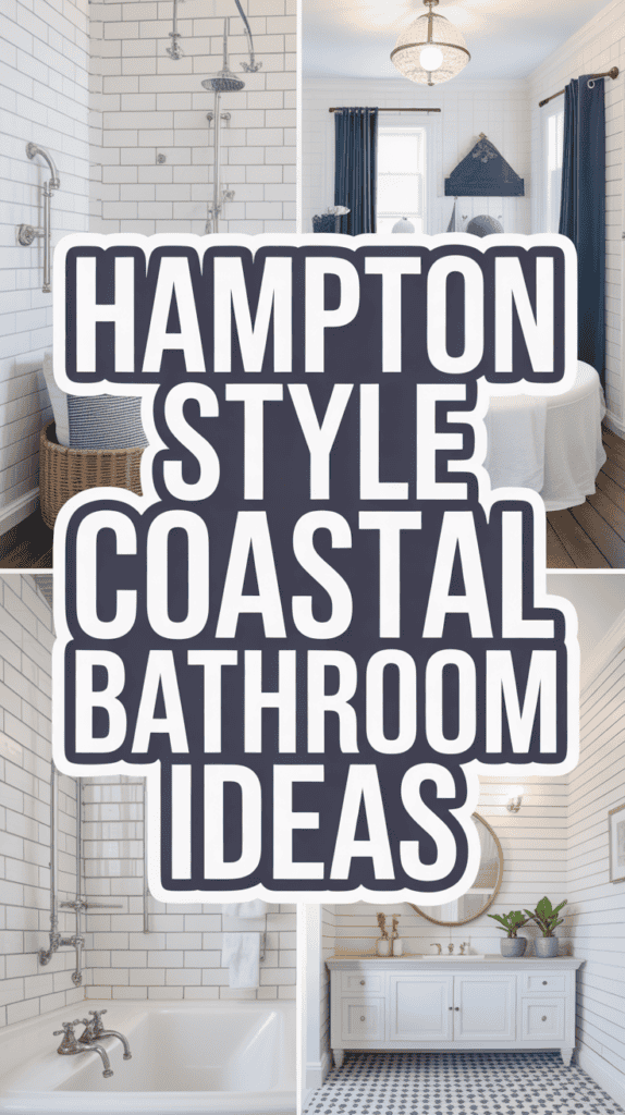 Collage featuring a coastal-style bathroom with white tiles, a bathtub, a vanity with double sinks, and text: "Hampton Style Coastal Bathroom Ideas."