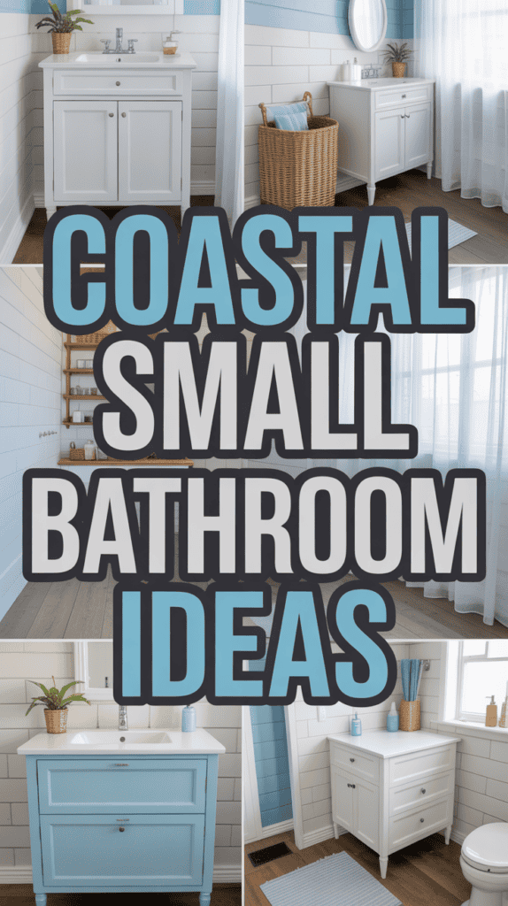Collage of coastal small bathroom designs with white and blue decor, wicker basket, and shiplap walls.