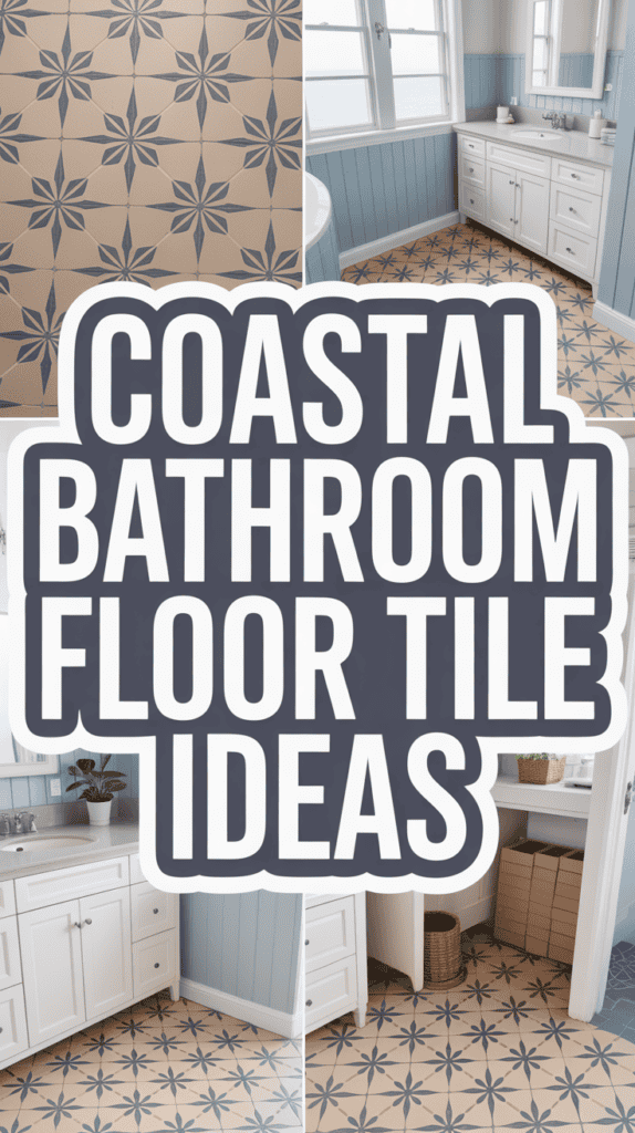 Collage of a coastal-themed bathroom with patterned floor tiles, white cabinets, and light blue walls.