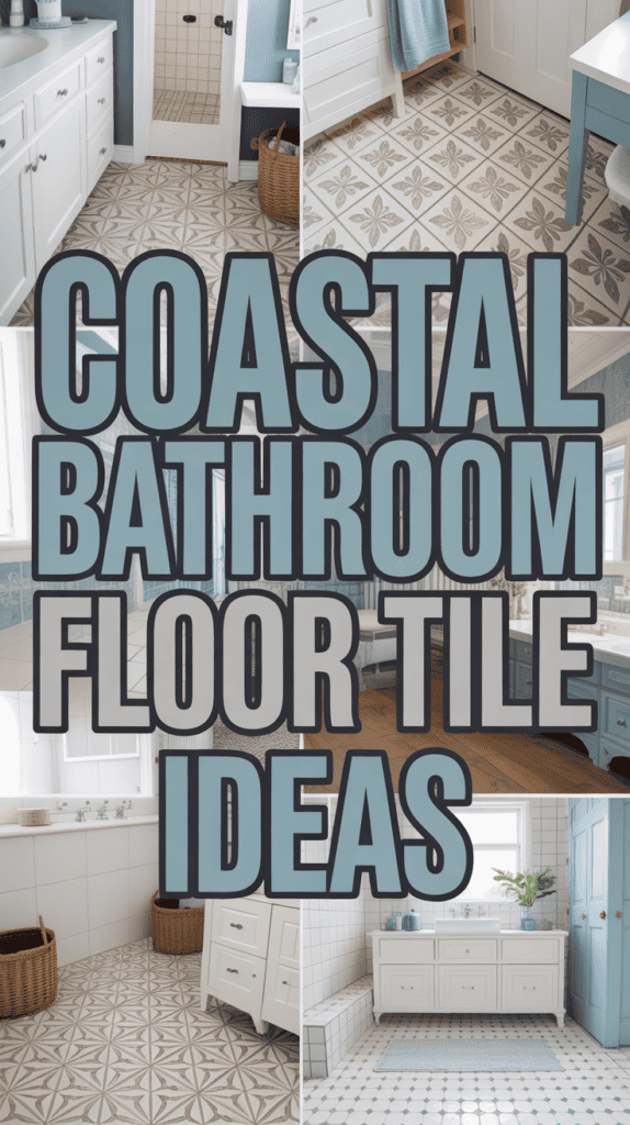 Collage of bathrooms with various coastal-themed floor tiles and the text "Coastal Bathroom Floor Tile Ideas."