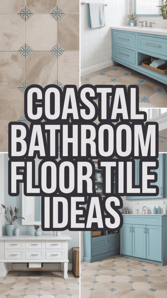 Collage of coastal bathroom designs featuring light blue cabinets and patterned floor tiles.