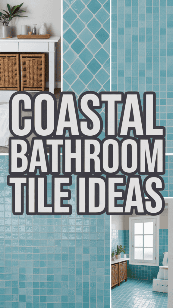 Collage of blue coastal bathroom tiles with the text "Coastal Bathroom Tile Ideas."