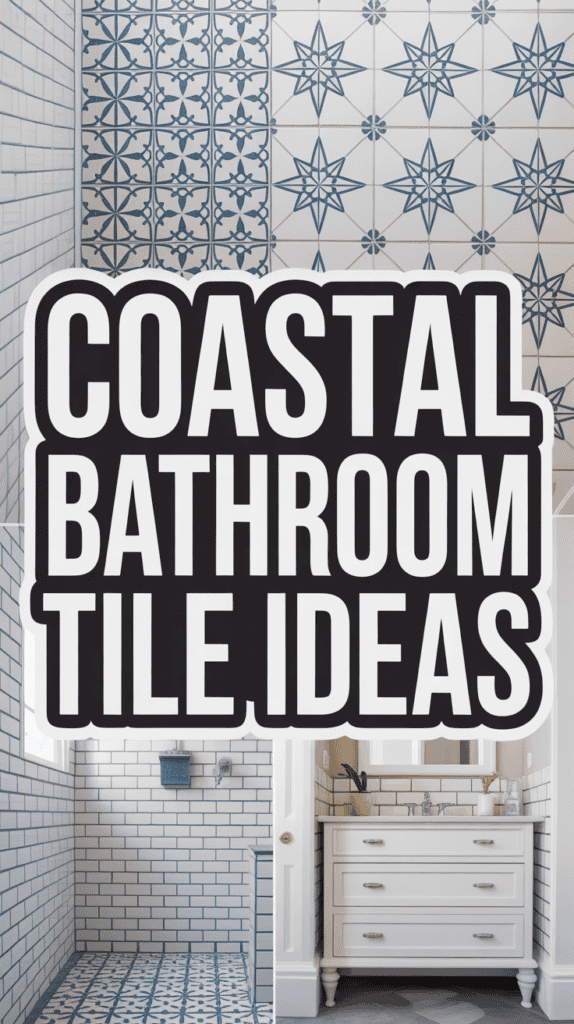 Coastal bathroom with blue and white geometric and star-patterned tiles, featuring a white vanity and brick-patterned walls.