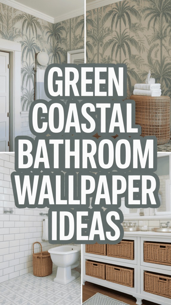 Split image of bathrooms with tropical wallpaper and rattan accents. Bold text reads, "Green Coastal Bathroom Wallpaper Ideas."