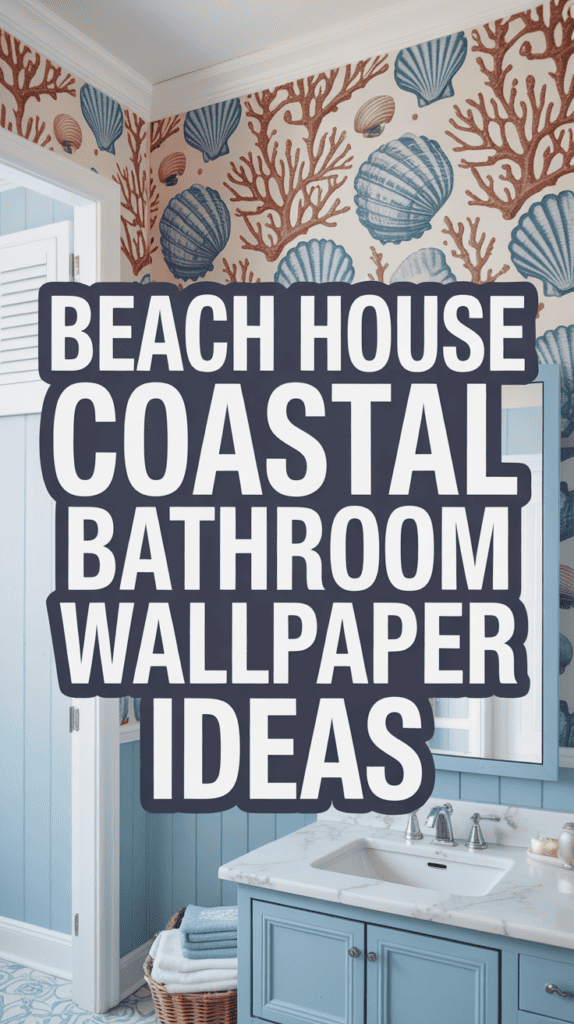 A coastal-themed bathroom with shell and coral wallpaper, blue vanity, and white countertop, featuring the text "Beach House Coastal Bathroom Wallpaper Ideas."