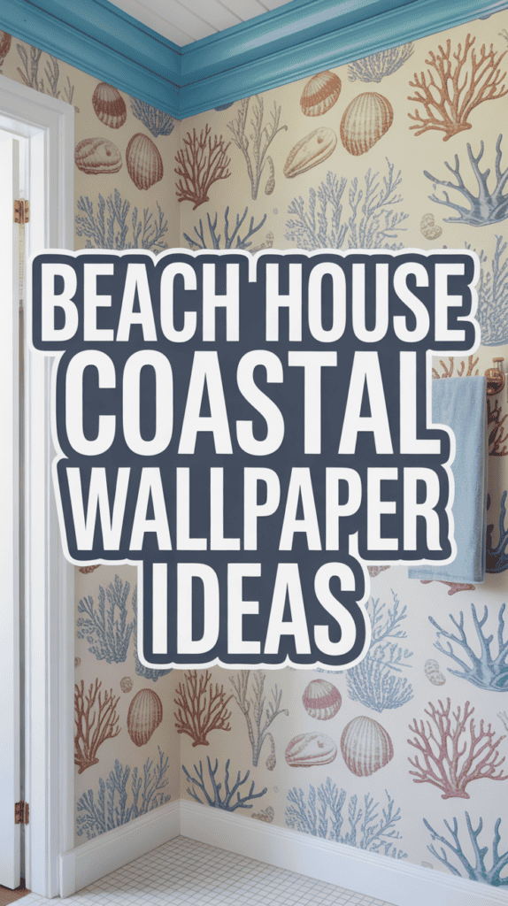 Beach-themed wallpaper with shells and coral designs in a room with blue accents, featuring the text "Beach House Coastal Wallpaper Ideas."
