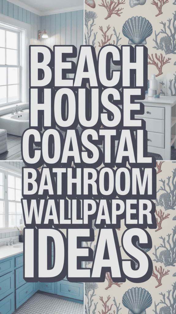 Text "Beach House Coastal Bathroom Wallpaper Ideas" over a collage of bathroom images with coastal-themed wallpaper and blue cabinetry.