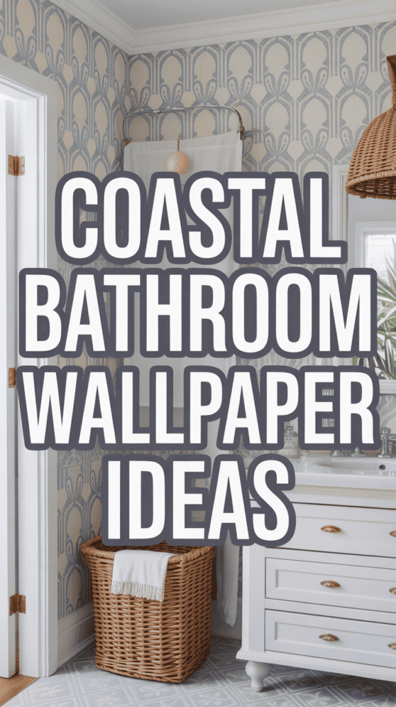 Bathroom with patterned wallpaper, a white vanity, wicker basket, and a coastal decor theme.