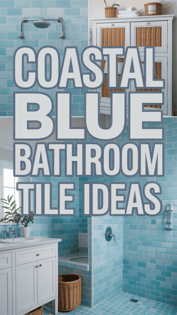 Collage showing a blue-tiled bathroom with a shower, cabinet, and text: "Coastal Blue Bathroom Tile Ideas."