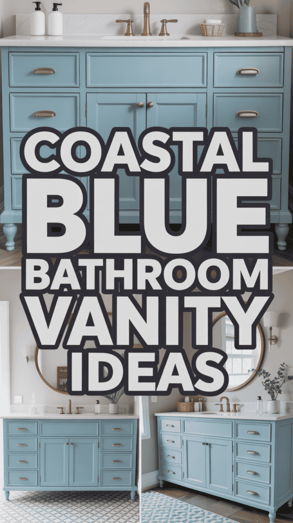 A collage of coastal blue bathroom vanities with bold text reading "Coastal Blue Bathroom Vanity Ideas."