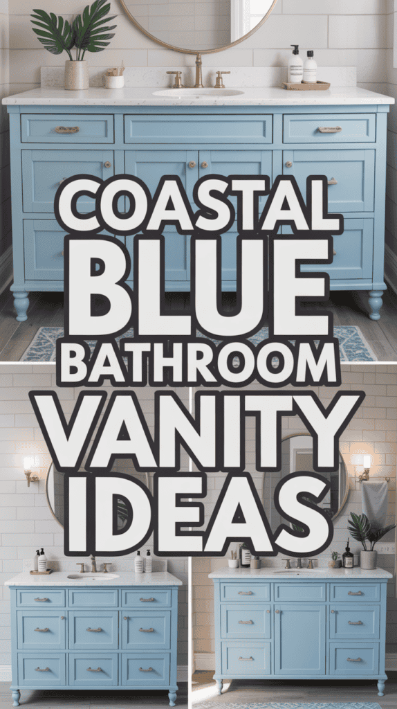 Coastal blue bathroom vanity with round mirror and decor, styled in two different settings.