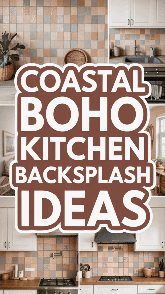 Collage of kitchens with various tile backsplashes and text "Coastal Boho Kitchen Backsplash Ideas."
