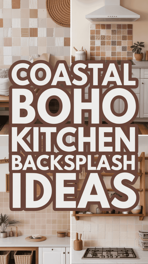 A collage of coastal boho kitchen backsplashes featuring various tile designs in warm tones with plants and decor accents.