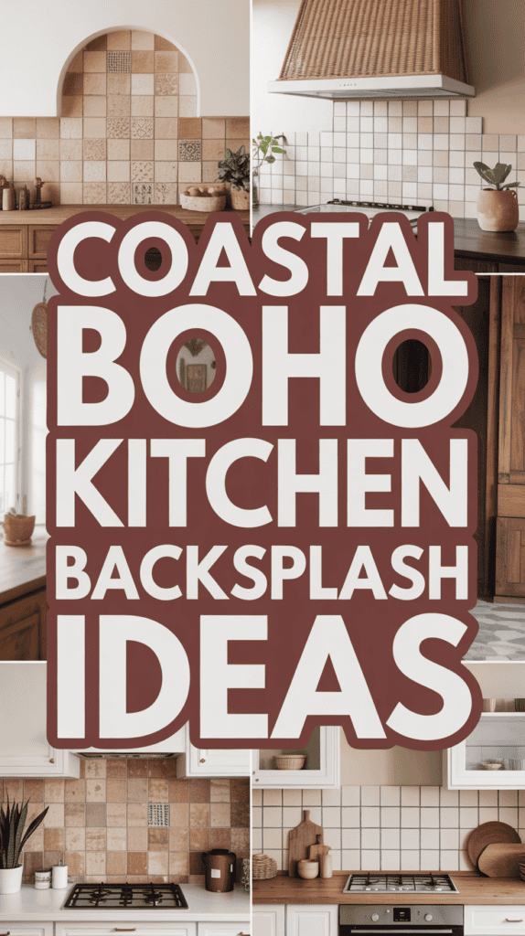 Collage of various kitchen backsplashes with a text overlay: "Coastal Boho Kitchen Backsplash Ideas."