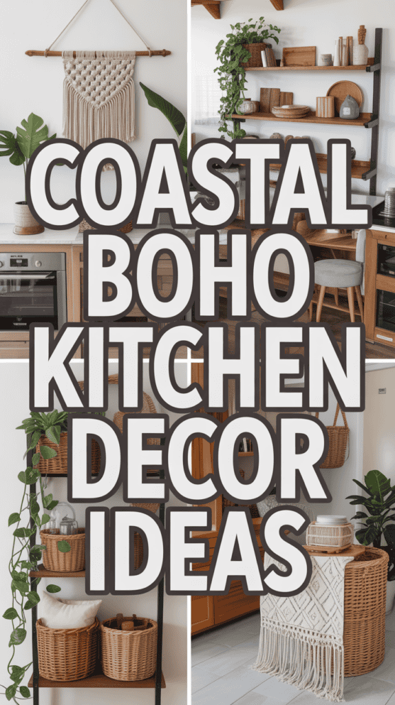 Text overlay reading "Coastal Boho Kitchen Decor Ideas" with images of a kitchen featuring plants and woven baskets.