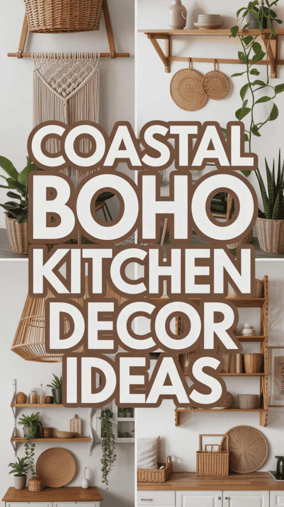 Collage of coastal boho kitchen decor ideas with woven baskets, macramé, and natural wood shelves.