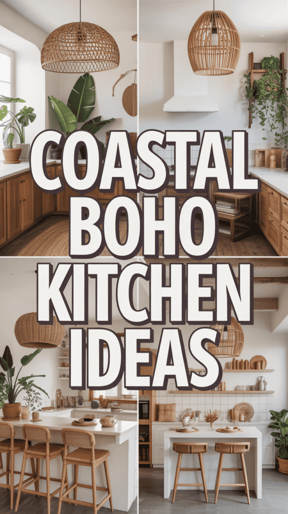 Collage of kitchens with a coastal boho theme, featuring rattan furniture and greenery.