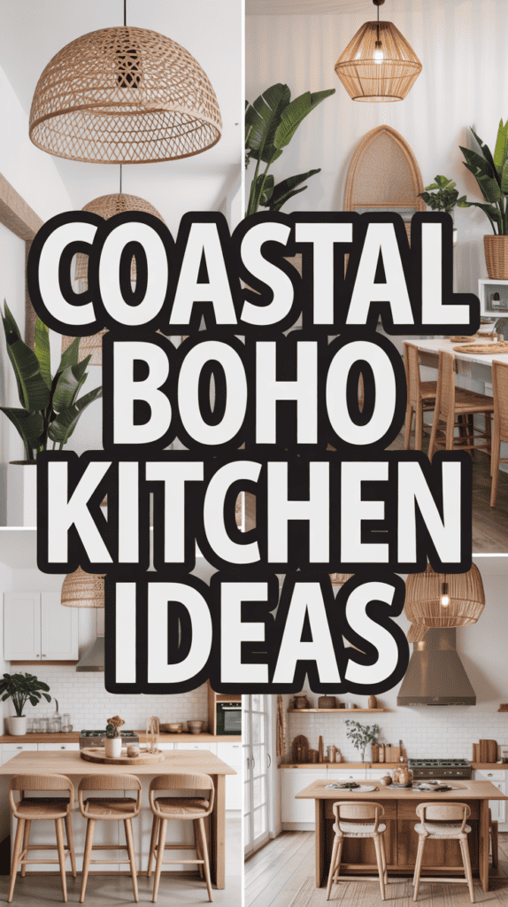 Collage of coastal boho kitchen designs with wicker lighting, plants, and wooden accents around bold text "Coastal Boho Kitchen Ideas".