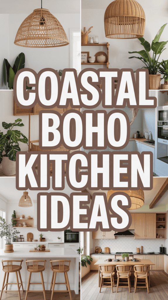A collage showcasing coastal boho kitchen decor with wicker lighting, wooden textures, and green plants.