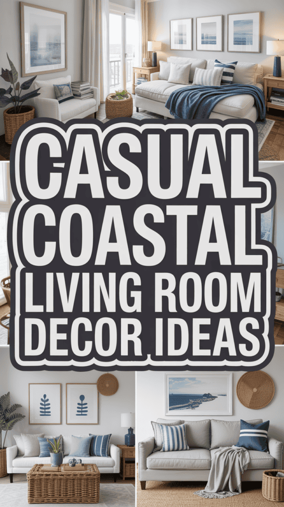 Collage of coastal living room decor ideas with neutral-toned furniture and blue accents, featuring framed ocean-themed art.