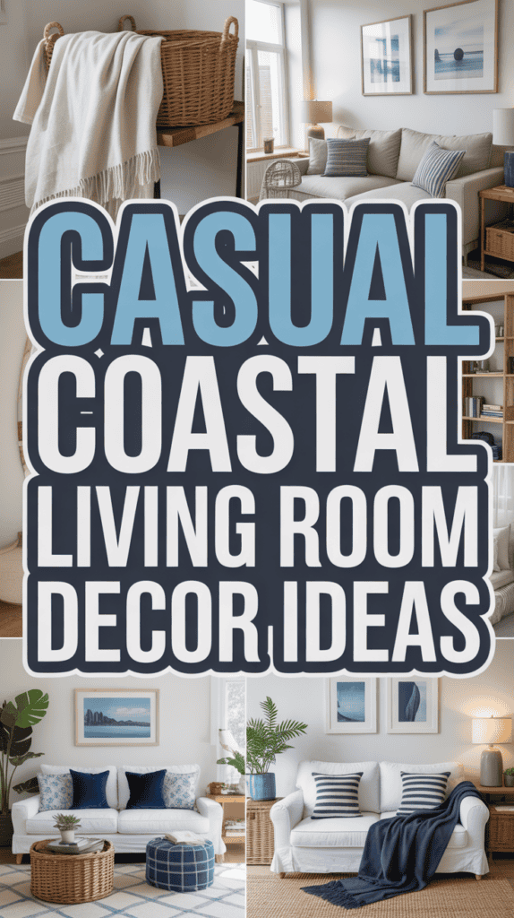 Casual coastal living room with wicker furniture, white sofas, nautical decor, blue accents, and displayed text "Casual Coastal Living Room Decor Ideas".