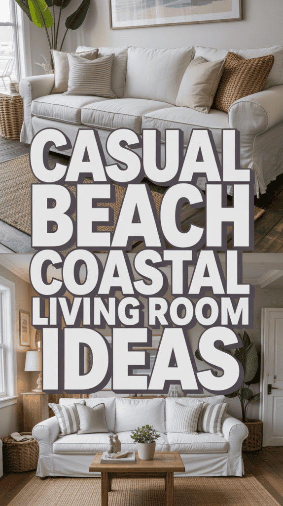 Collage of cozy living rooms with a beach theme, featuring white sofas, wicker elements, and text "Casual Beach Coastal Living Room Ideas."