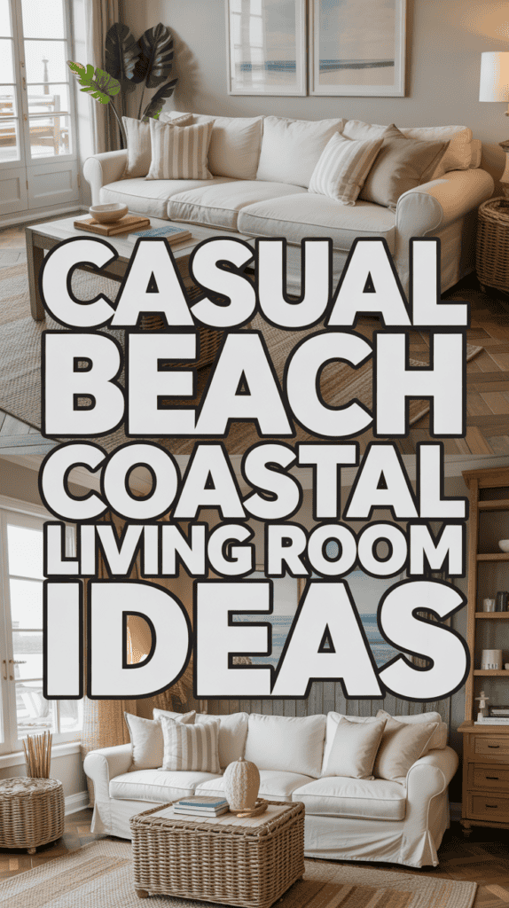 A cozy living room with a white sofa, wicker furniture, and nautical decor, with bold text reading "Casual Beach Coastal Living Room Ideas."