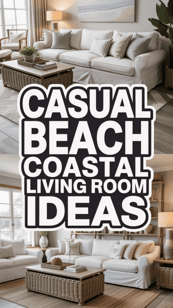 Collage of beach-themed living rooms with text: "Casual Beach Coastal Living Room Ideas."