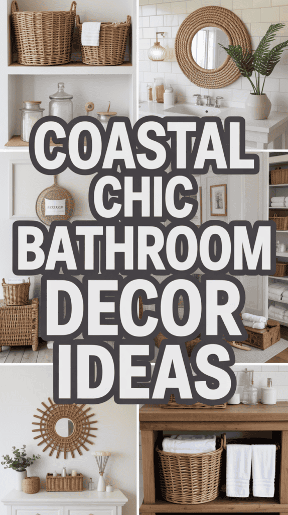 Text: "Coastal Chic Bathroom Decor Ideas" over images of wicker baskets, a round mirror, white towels, plants, and natural decor elements.