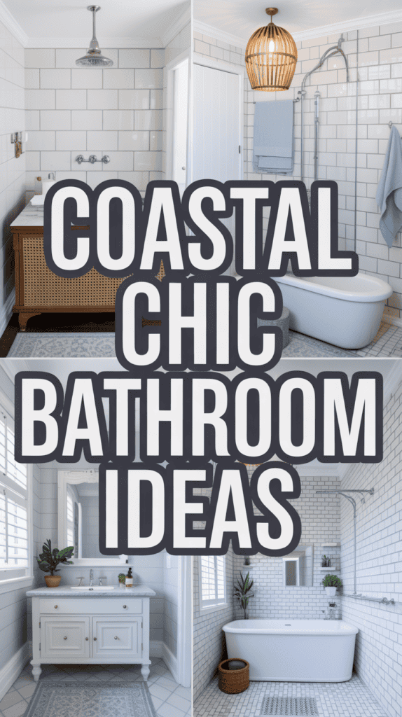 Split image of bathroom interiors with text "Coastal Chic Bathroom Ideas" highlighting modern coastal design elements.
