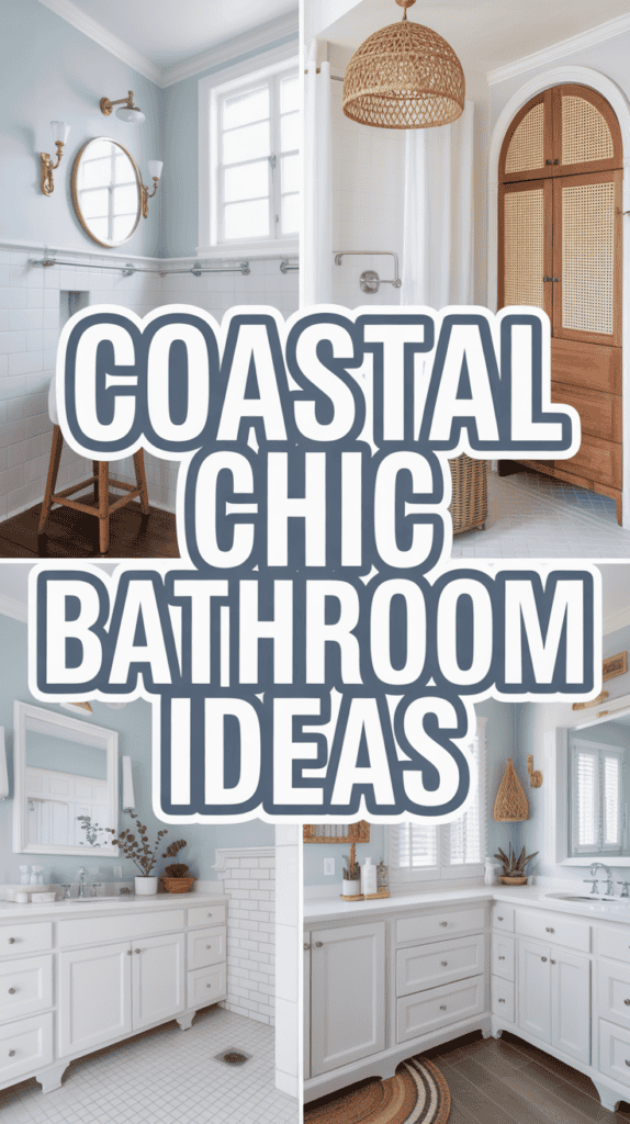 Collage of coastal chic bathroom designs featuring white cabinetry, wicker accents, and text: "Coastal Chic Bathroom Ideas."