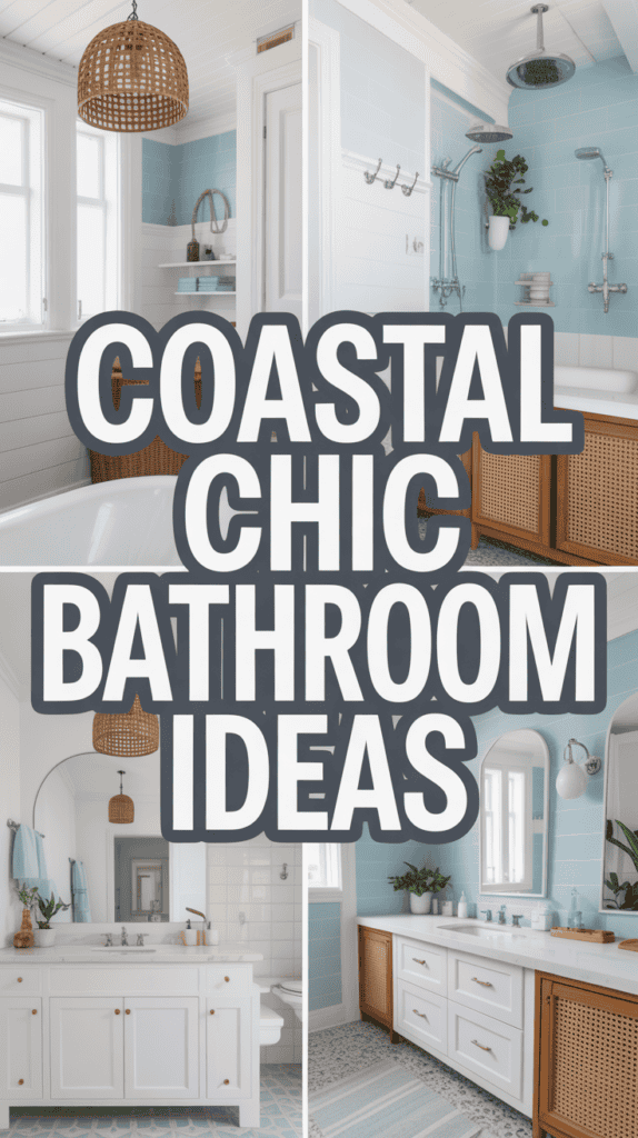 Collage of stylish coastal bathrooms with wicker accents, white fixtures, and blue tiles, overlaid text reads "Coastal Chic Bathroom Ideas".