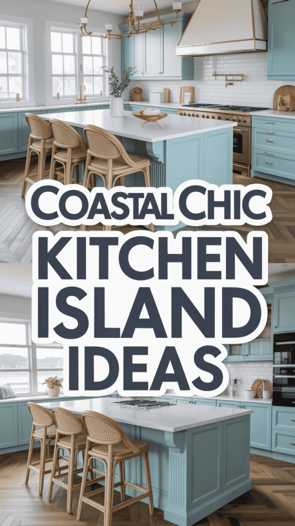A stylish kitchen with light blue cabinets, wicker bar stools, and a large island, featuring text "Coastal Chic Kitchen Island Ideas."