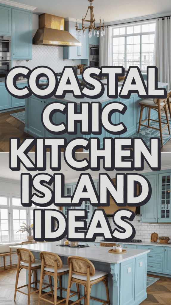 A kitchen with blue cabinetry, a central island with bar stools, and a chandelier, showcasing coastal chic design ideas.