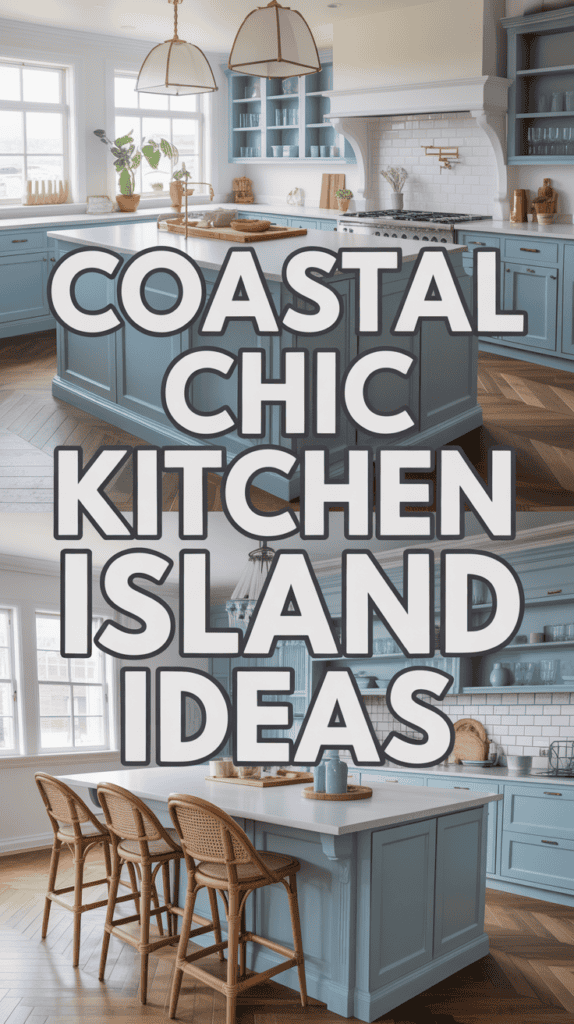 A stylish kitchen with blue cabinets, wicker chairs, and large windows, showcasing "Coastal Chic Kitchen Island Ideas" text.
