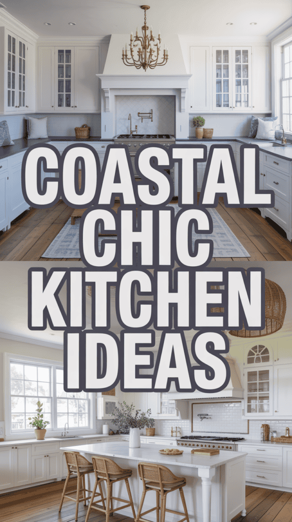A bright kitchen with white cabinets, wooden stools, and a coastal decor theme with text overlay: "Coastal Chic Kitchen Ideas."