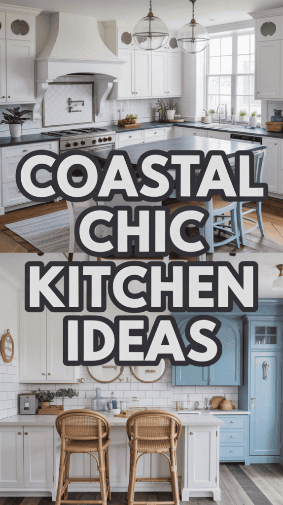 A spacious, bright kitchen features coastal chic decor with white cabinetry, a large range hood, and light wood accents, with text overlay "Coastal Chic Kitchen Ideas."