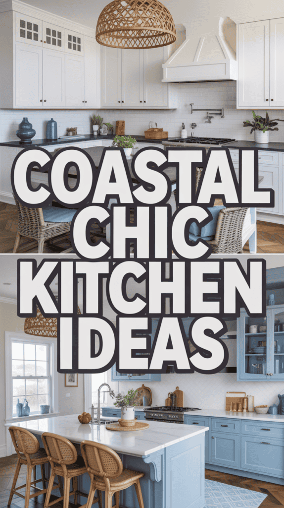 Stylish coastal-inspired kitchen with blue cabinets, wicker chairs, and a white tile backsplash. Text reads: "Coastal Chic Kitchen Ideas."