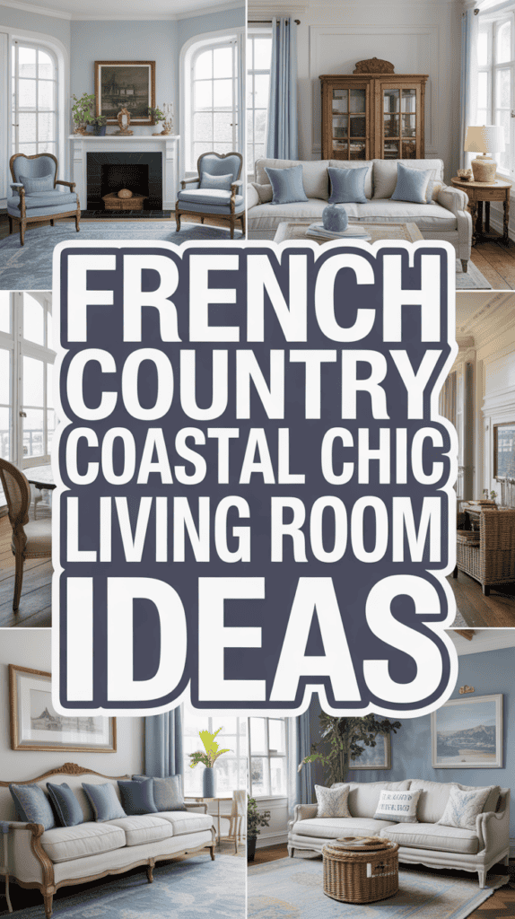 Collage of elegant living rooms with a French country and coastal chic theme, featuring sofas and decorative elements.