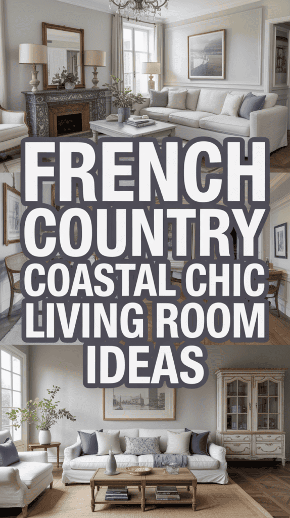 Collage of elegant living rooms with sofas, coastal decor, and large text reading "French Country Coastal Chic Living Room Ideas."